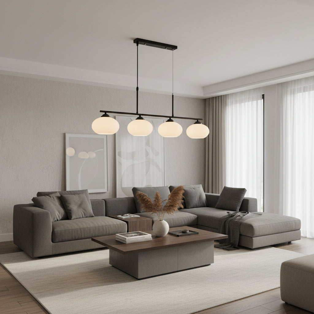 Black and white 4-light linear pendant with glass shades, iron frame, and E27 bulb holders for dining rooms, kitchen islands, restaurants, cafés, and modern interior lighting PL 1151-04-BK - Gemelli Collection