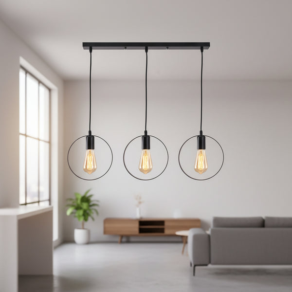 Black triple pendant with exposed bulb design, iron body, E27 holder, PL 1173-03-BK