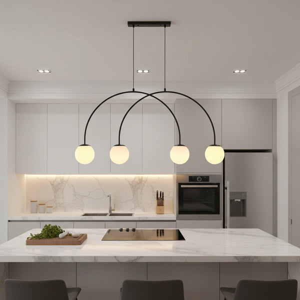 Black modern arc pendant light with four white glass shades, E27 holder, PL 1174-04-BK
