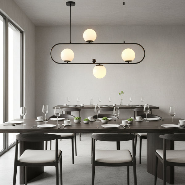 Black oval frame pendant light with four white glass shades, E27 holder, PL 1175-04-BK