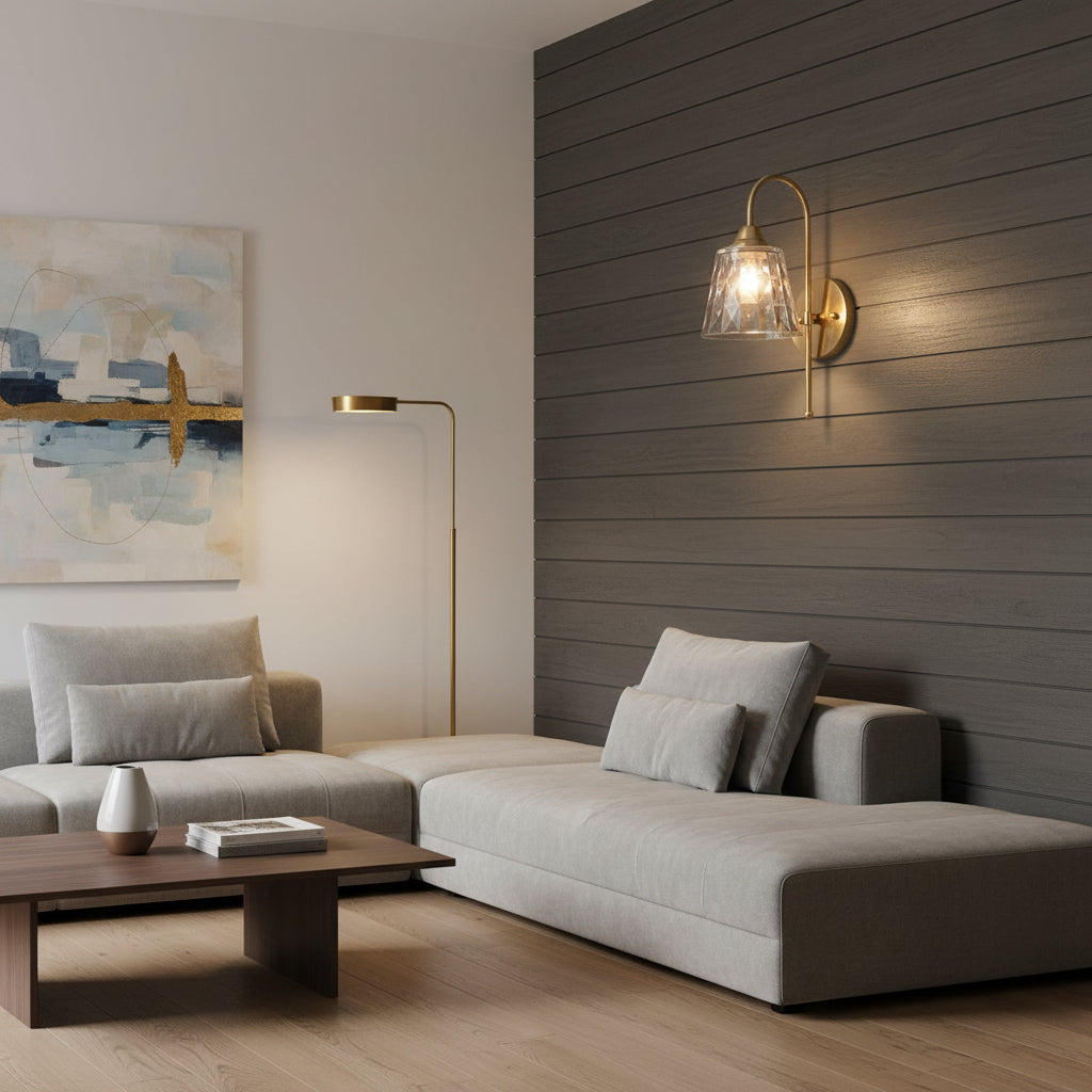 Diamond-cut glass wall light with brushed brass finish and E27 bulb holder for living rooms, bedrooms, hallways, hotels, and decorative interior lighting PL 2502-GL-GY - Gemelli Collection