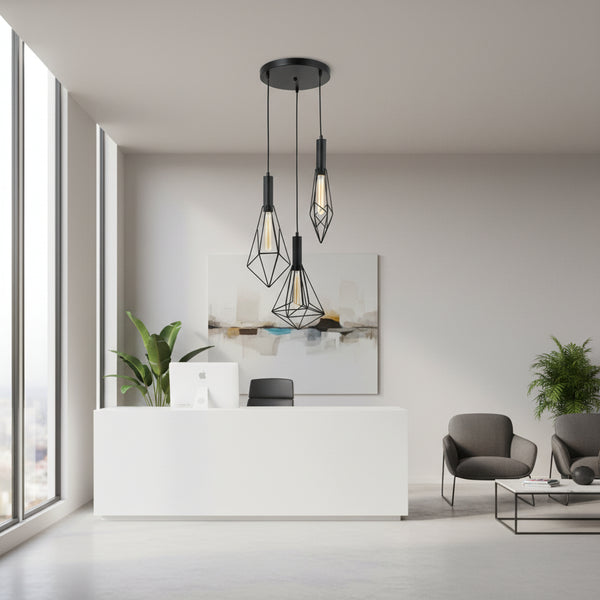 3-Light Geometric Cage Design Pendant Lamp PL 7040-27-03-BK