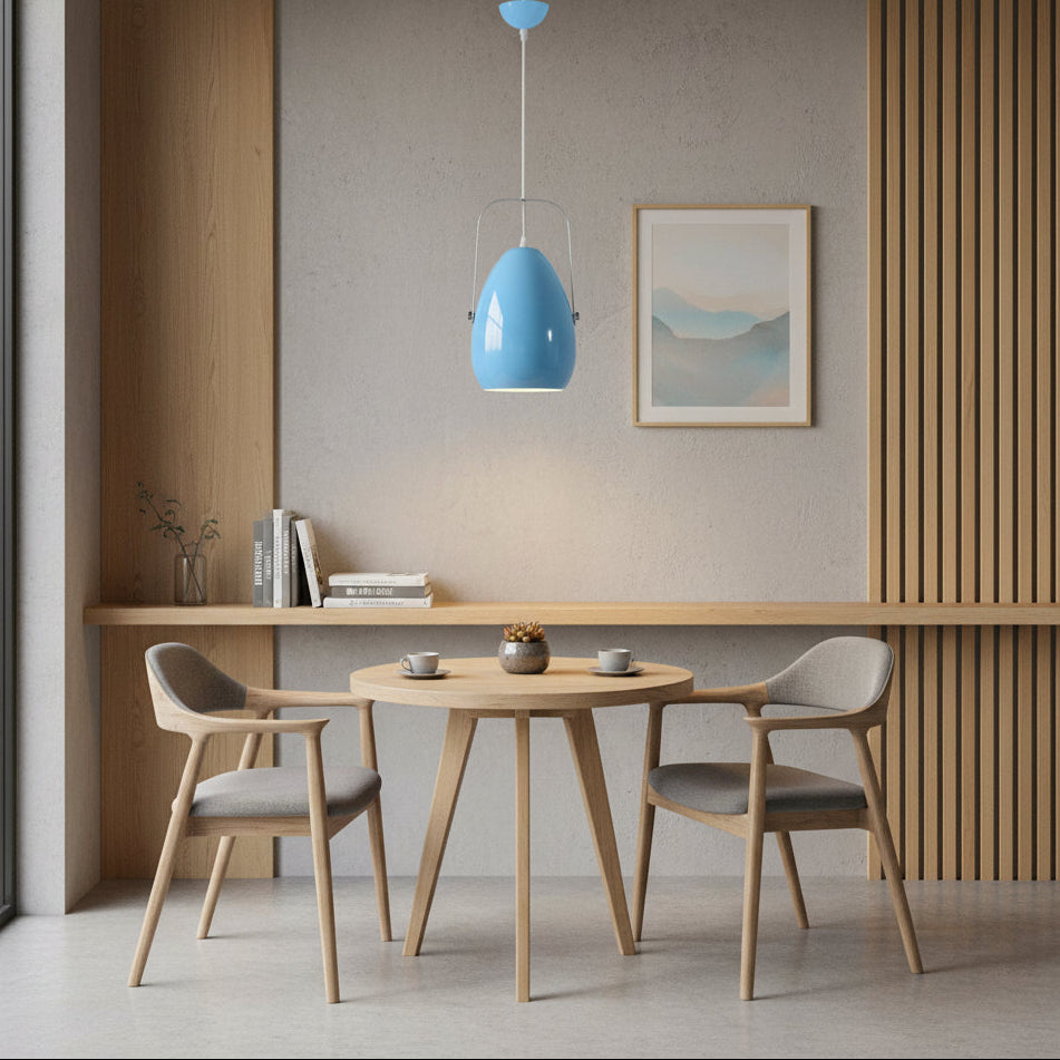 Sky blue Nordic style pendant light with white interior, aluminium construction, and E27 bulb holder for dining rooms, kitchens, cafés, restaurants, and modern interior lighting PL 8161-SB - Gemelli Collection