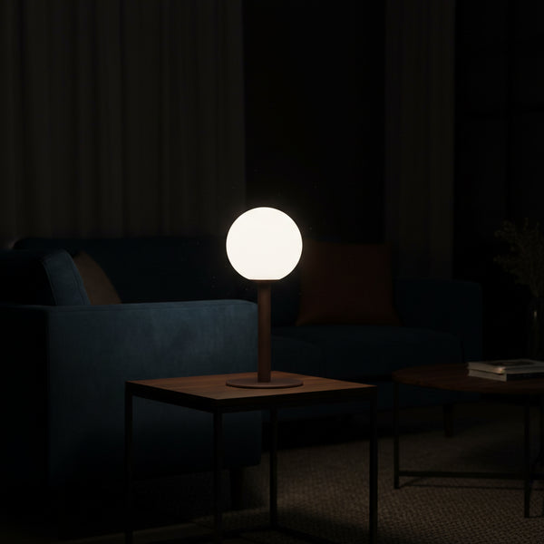 table lamp with opal glass shade matt coffee finish G9 compact modern lighting fixture