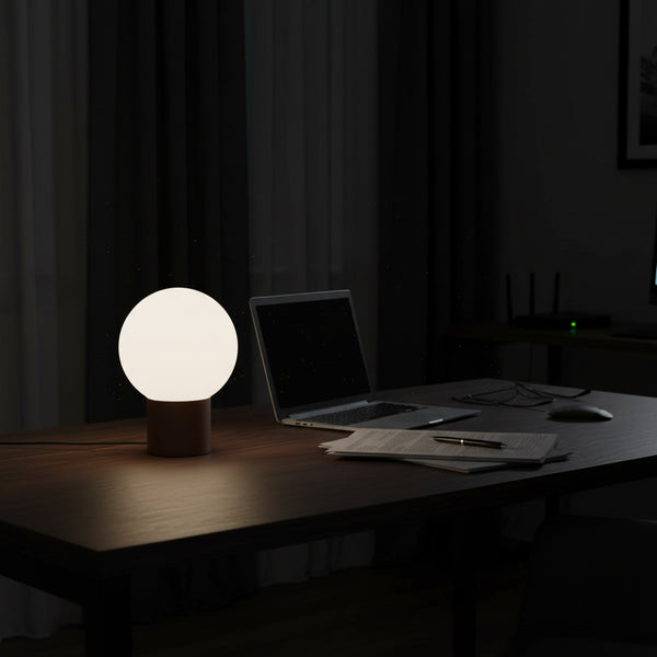 compact table lamp with opal glass shade matt coffee finish G9 lighting fixture