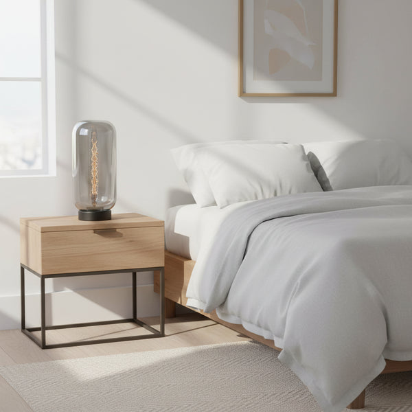 table lamp with smoky glass shade matt black finish E27 modern vertical lighting fixture