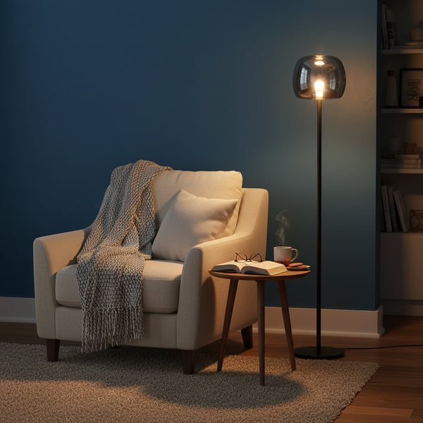 matt black floor lamp with smoky glass shade G9 modern ambient lighting fixture