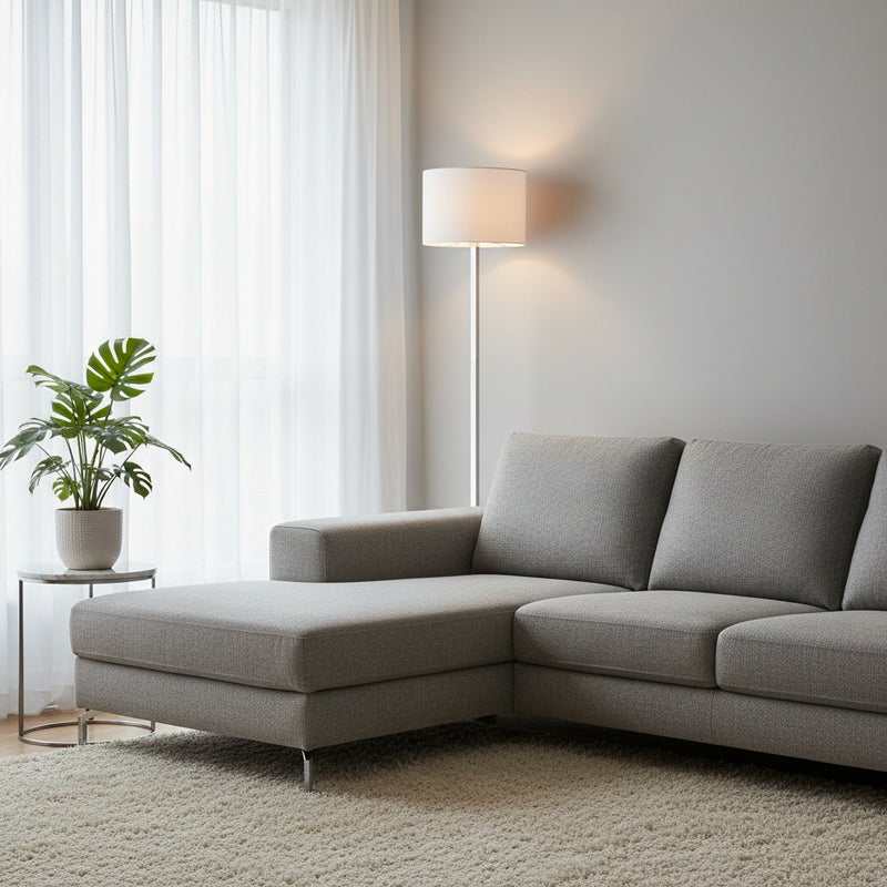 chrome floor lamp with matt white shade E27 modern tall ambient lighting fixture