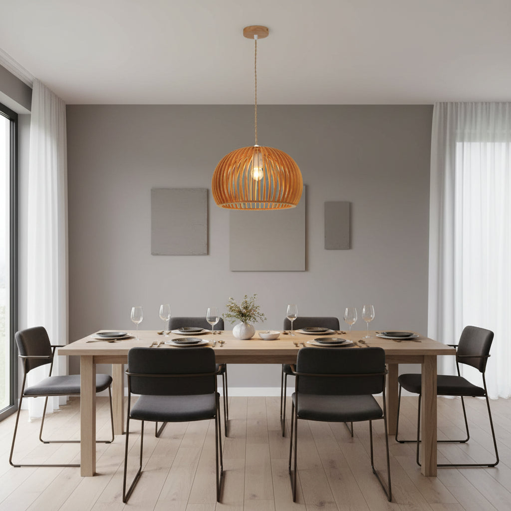 Natural wooden slatted dome pendant lamp gemelli collection