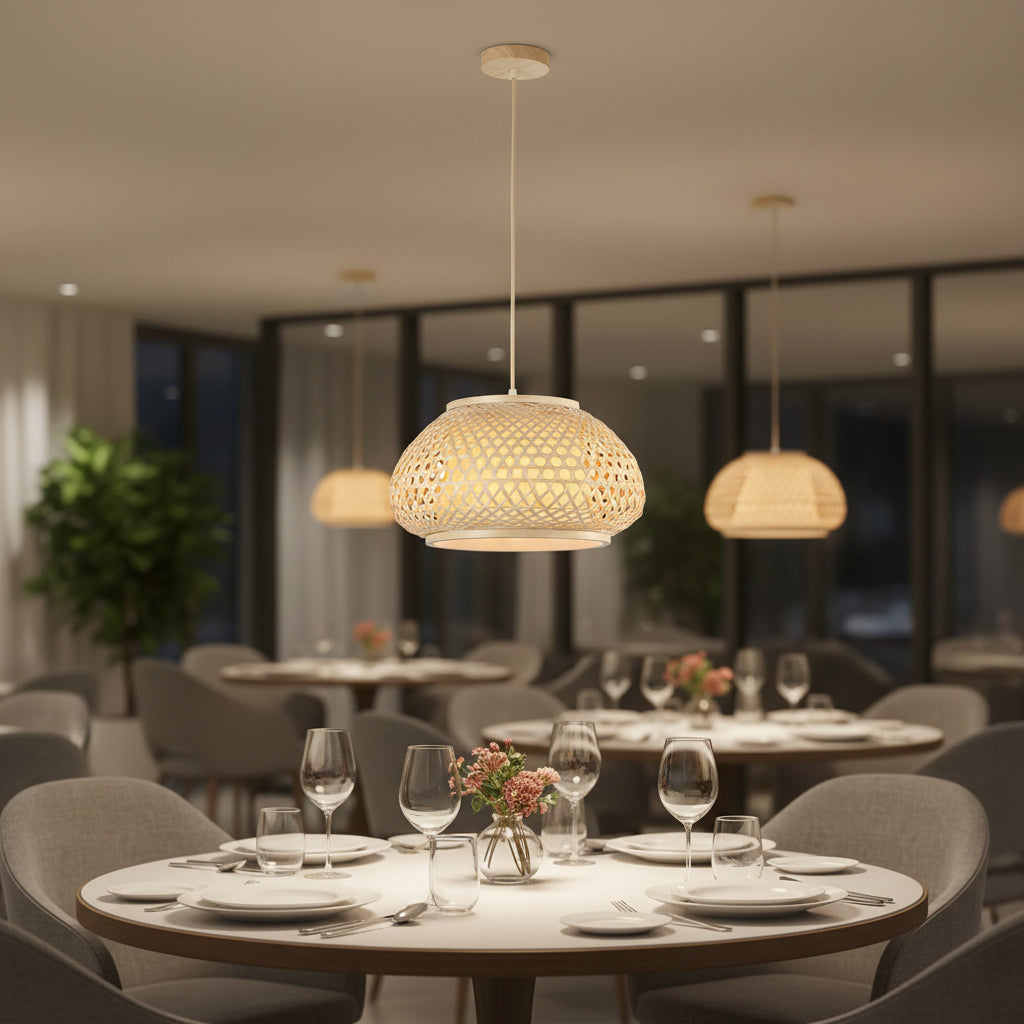 Wide bamboo pendant lamp, natural wood finish, handwoven shade, E27 holder, 35cm × 25cm × 1.2m hanging, Gemelli Collection