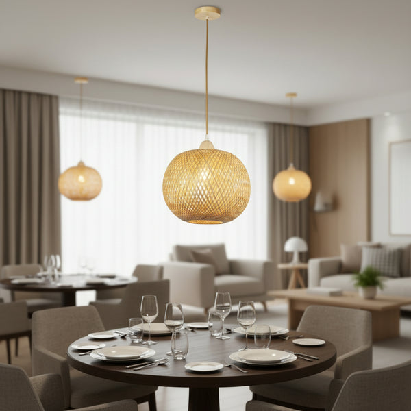 Round bamboo pendant lamp, natural wood finish, woven spherical shade, E27 holder, 30cm × 32cm × 1.2m hanging, Gemelli Collection