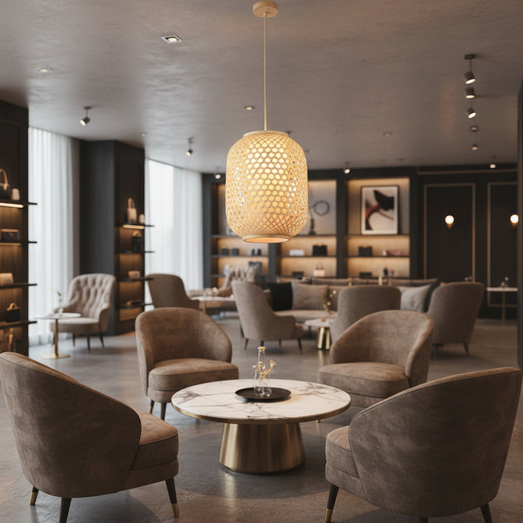 Cylindrical bamboo pendant lamp, wood color finish, E27 holder, 30cm diameter, soft ambient lighting, Gemelli Collection