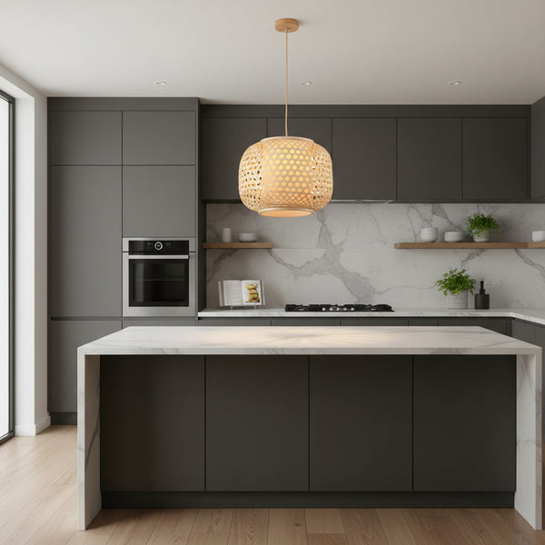 Bamboo weave pendant lamp, natural wood finish, round design, E27 holder, Gemelli Collection