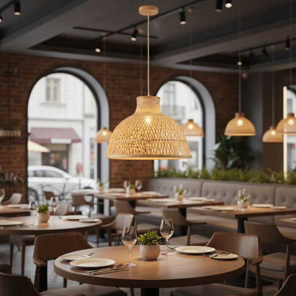 bamboo pendant lamp in natural wood finish, E27 holder, 40cm wide × 36cm high, 1.2m hanging cable, indoor ambient lighting, Gemelli Collection