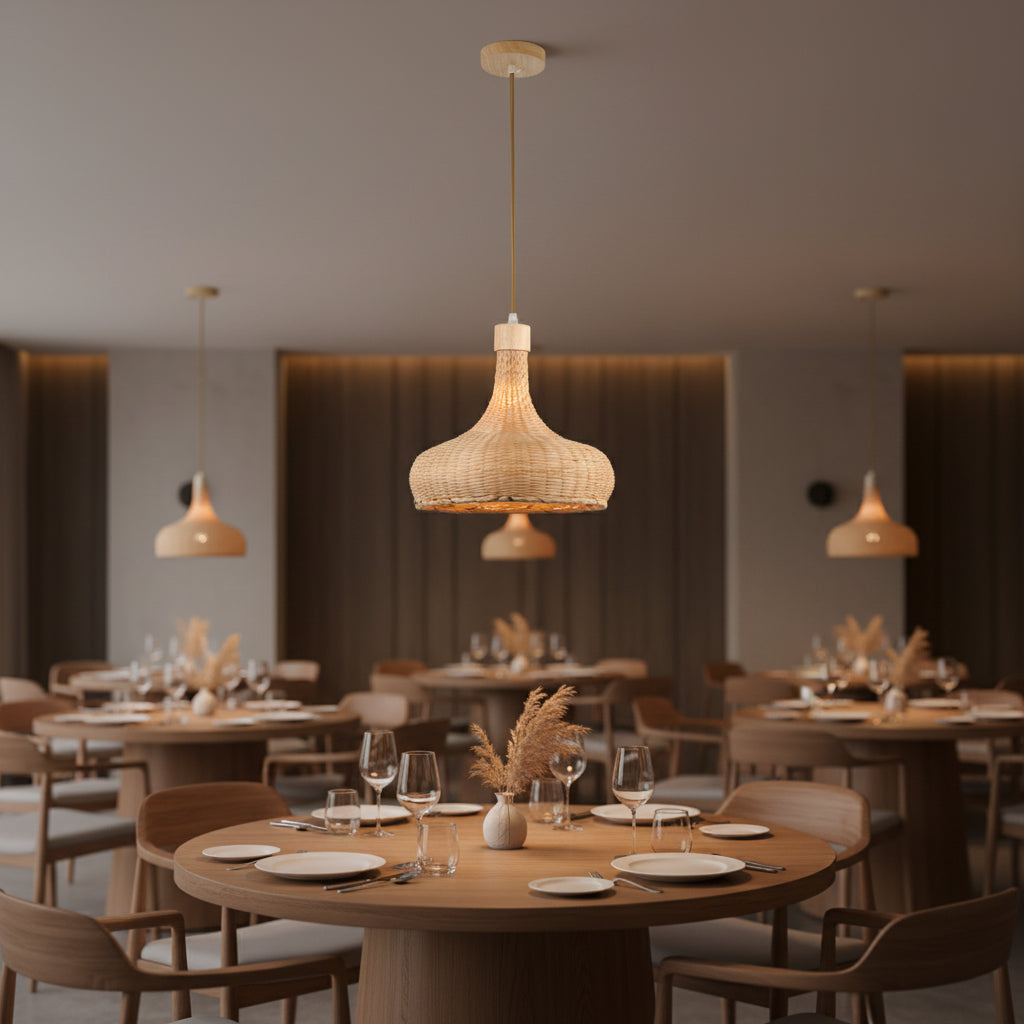Wide dome bamboo pendant lamp, natural wood finish, E27 holder, 32cm height × 35cm diameter, soft ambient indoor lighting, Gemelli Collection