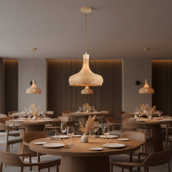 Wide dome bamboo pendant lamp, natural wood finish, E27 holder, 32cm height × 35cm diameter, soft ambient indoor lighting, Gemelli Collection