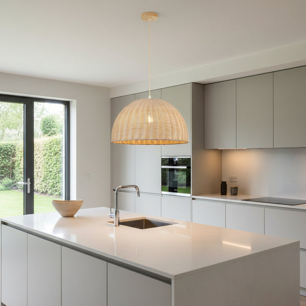 Rattan dome pendant lamp, wood-color finish, E27 holder, 43cm width × 25cm height × 1.2m hanging, Gemelli Collection