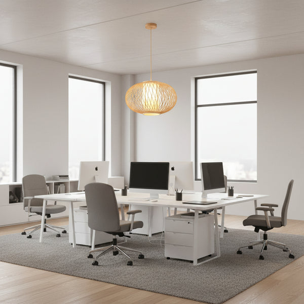 Round woven bamboo pendant lamp, wood-color finish, 40cm diameter × 32cm height, E27 holder, Gemelli Collection