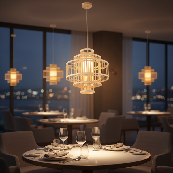 eometric bamboo pendant lamp, natural wood finish, 70cm diameter, E27 holder, Gemelli Collection