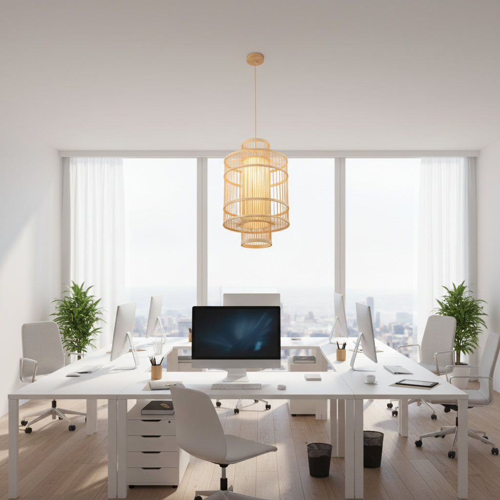 Tall cylindrical bamboo pendant lamp, natural wood finish, handwoven design, E27 holder, 35cm diameter × 55cm height, warm indoor lighting, Gemelli Collection