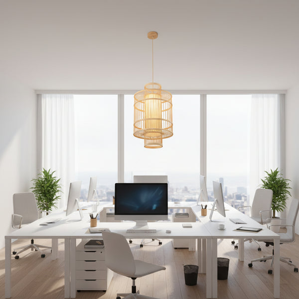 Tall cylindrical bamboo pendant lamp, natural wood finish, handwoven design, E27 holder, 35cm diameter × 55cm height, warm indoor lighting, Gemelli Collection