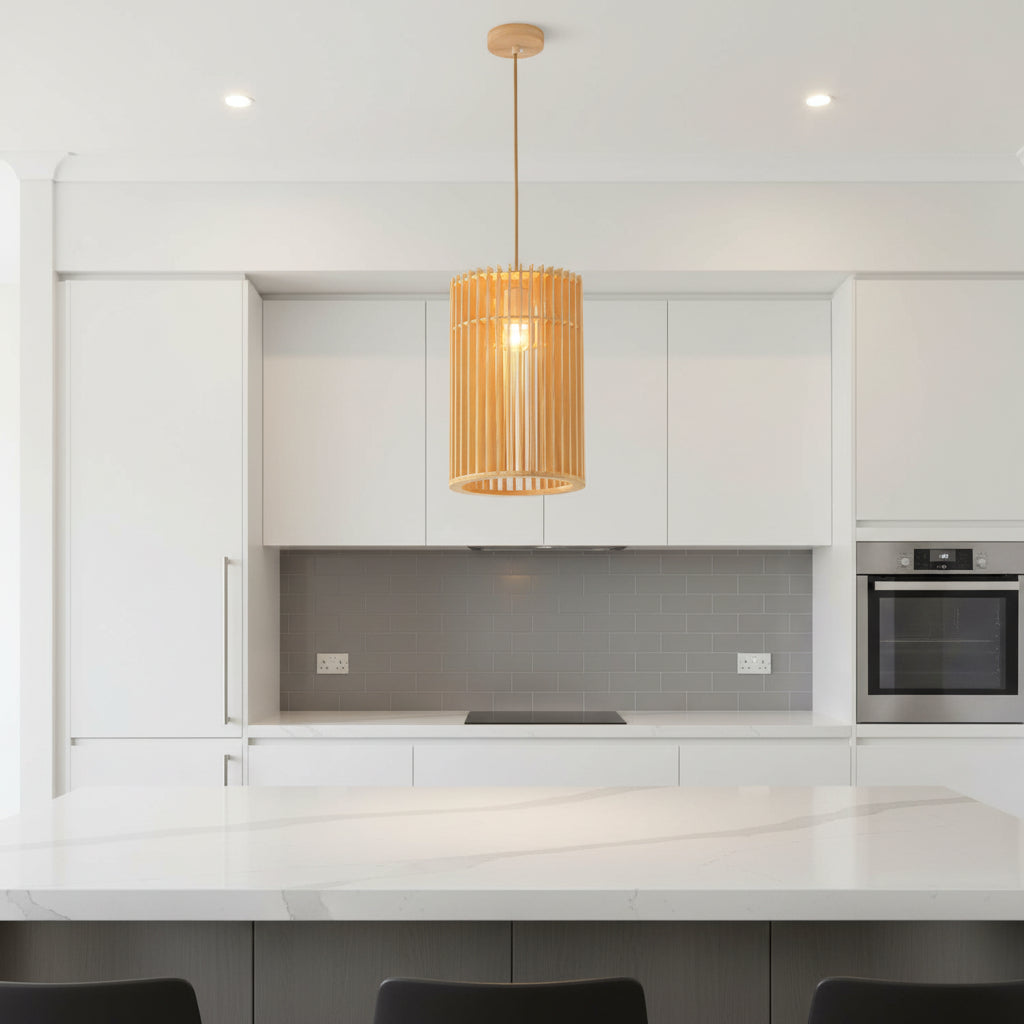 cylindrical wood pendant lamp, natural wood finish, E27 holder, 22cm width × 33cm height, warm ambient indoor lighting, Gemelli Collection