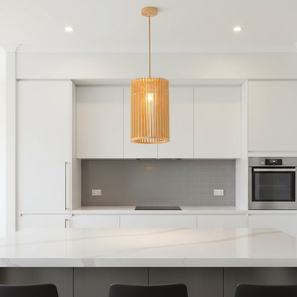 cylindrical wood pendant lamp, natural wood finish, E27 holder, 22cm width × 33cm height, warm ambient indoor lighting, Gemelli Collection