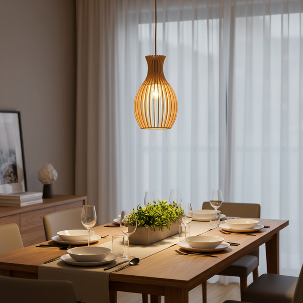 Vase-shaped wood pendant lamp gemelli collection