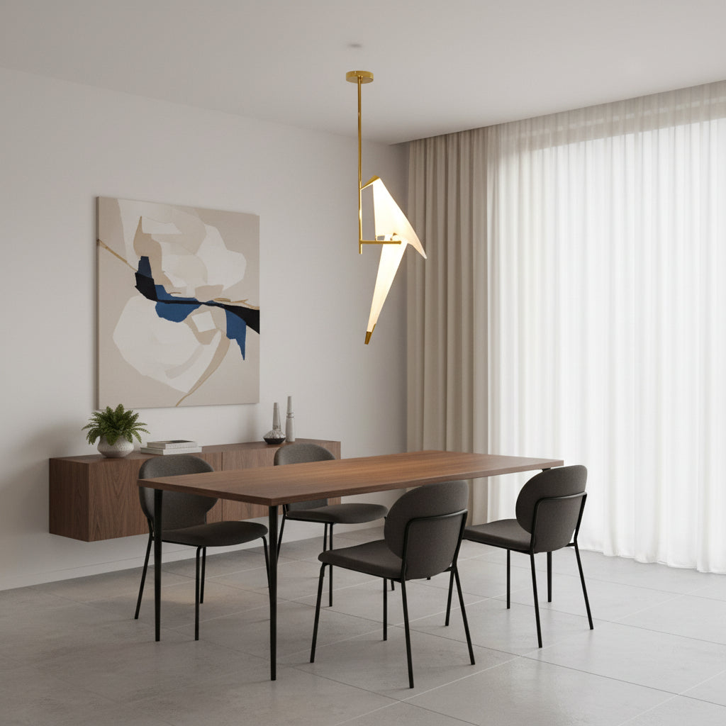 Gemelli Collections gold origami bird pendant ceiling light with integrated LED illumination