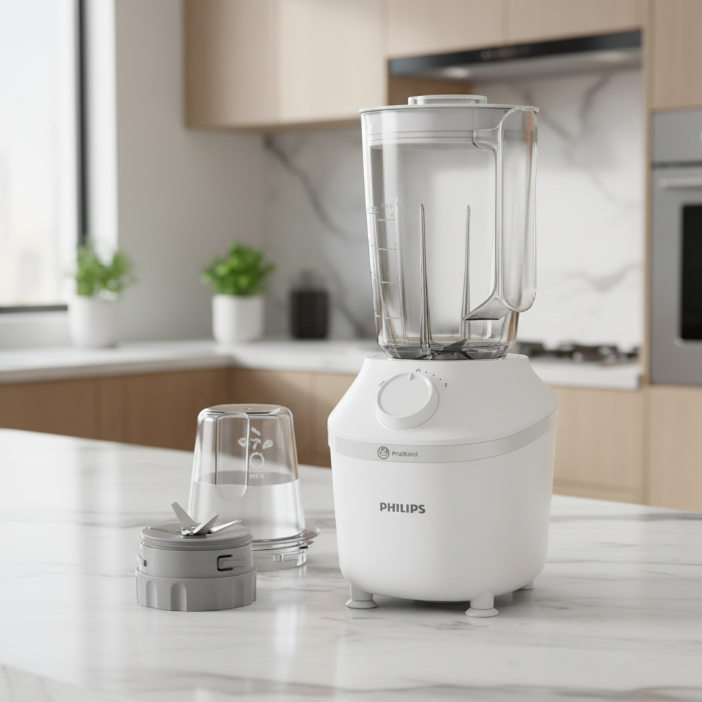 3000 Series 600W blender with 2L jar, stainless steel blades, and chopper attachment for everyday kitchen blending and food preparation HR2191/20