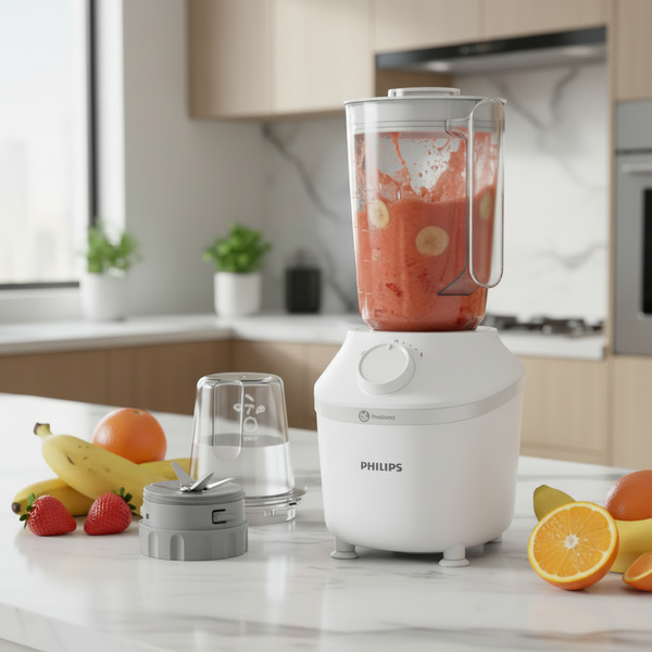 3000 Series 600W blender with 2L jar, stainless steel blades, and chopper attachment for everyday kitchen blending and food preparation HR2191/20