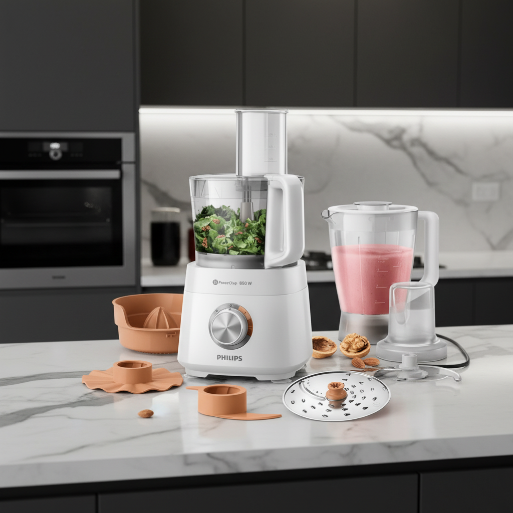Philips HR7520 compact food processor with 2.1L bowl, citrus press, grinding mill, and multiple attachments