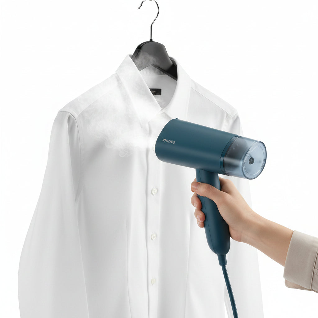 Philips 3000 Series STH3000/26 handheld garment steamer in Reno Blue with foldable design, 30-second heat-up, continuous steam output, and portable wrinkle-removal performance.