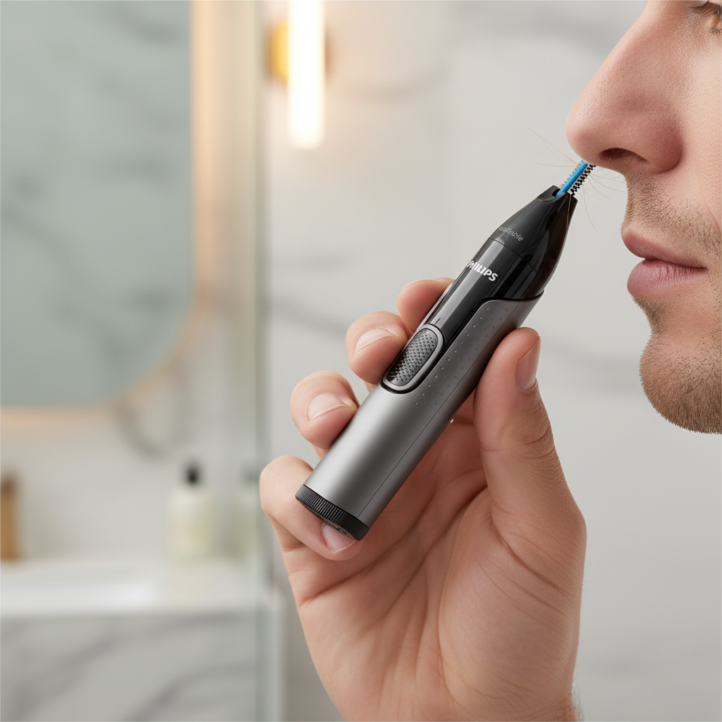 Gemelli Collections Philips Nose Trimmer Series 3000 with Precision Trim Technology Protective Guard System battery operated design and fully washable construction for comfortable trimming of nose ear and eyebrow hair.