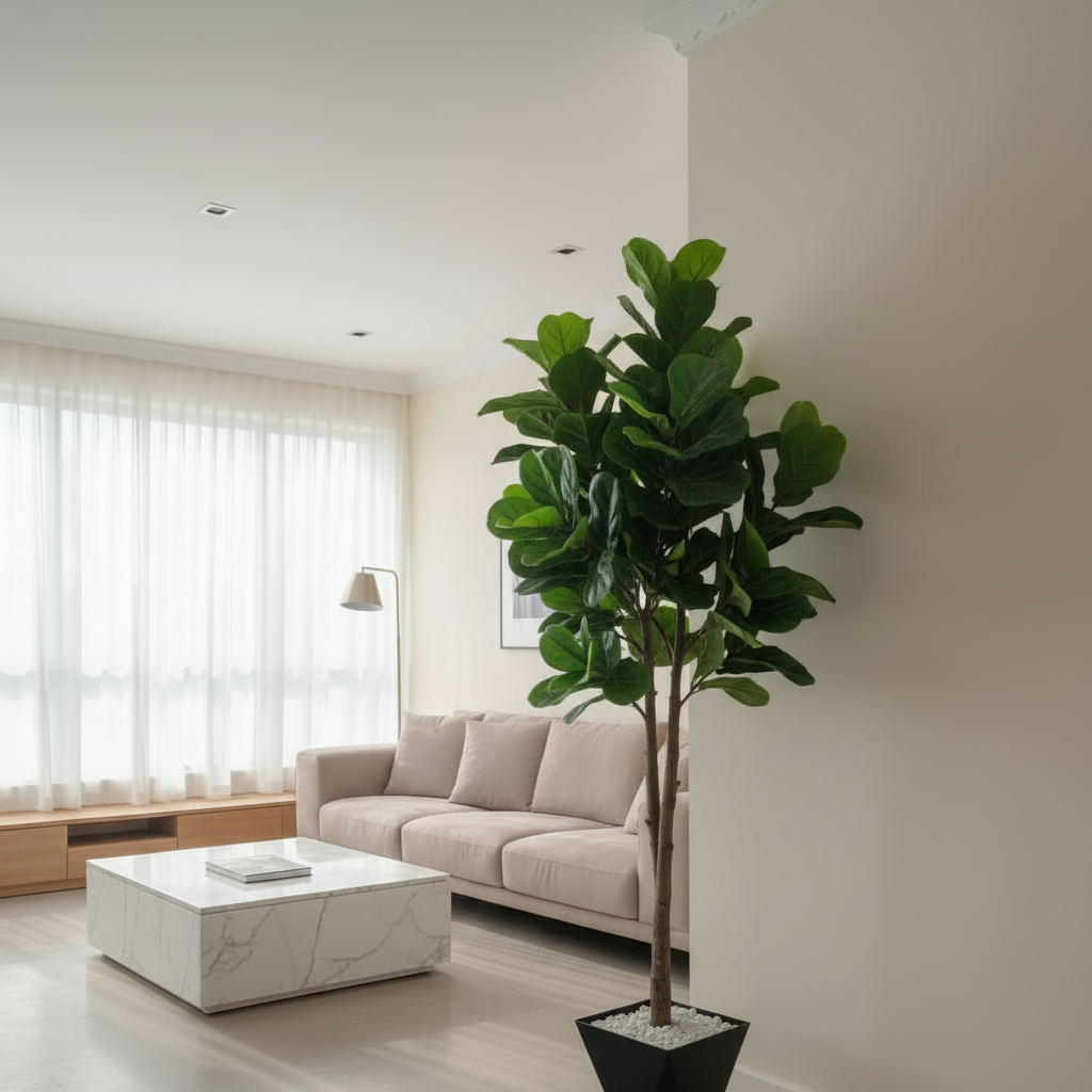 Gemelli Collections artificial fiddle leaf plant with vase and decorative pebbles standing 190cm tall.