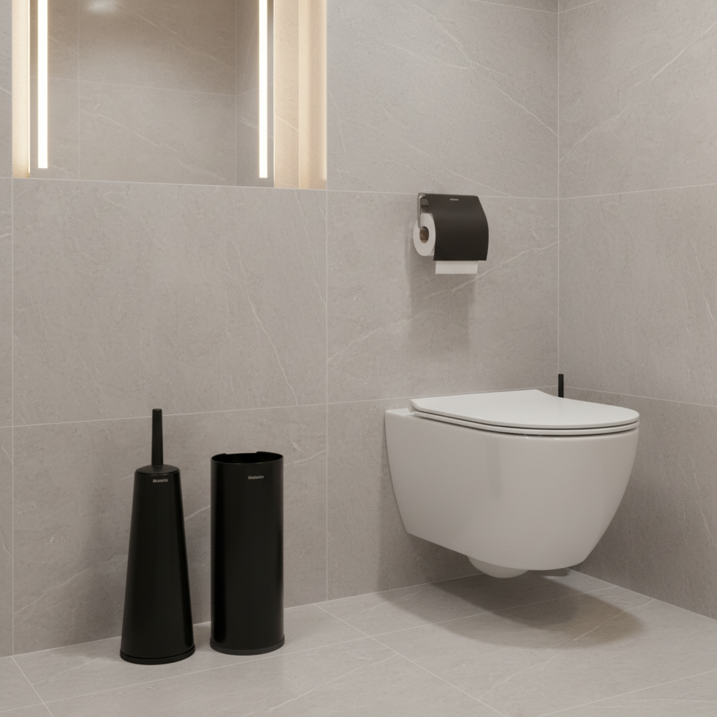 Brabantia Renew toilet accessory set 3 piece bathroom organiser with brush holder roll holder and dispenser available in platinum matte black white and brilliant stee