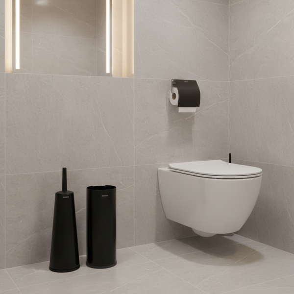 Brabantia Renew toilet accessory set 3 piece bathroom organiser with brush holder roll holder and dispenser available in platinum matte black white and brilliant stee