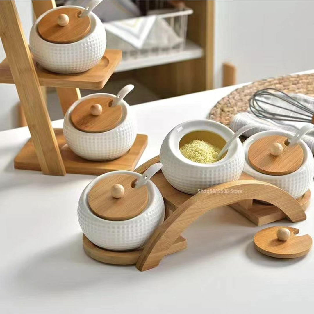 Golf Themed Ceramic Condiment Set with Bamboo Stand