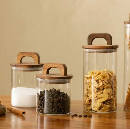 High Quality Clear Glass Containers with Air Tight Wooden Lid Handles