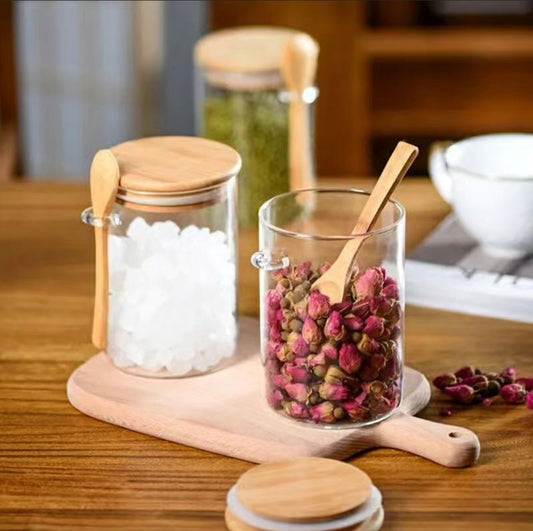 1000ml Glass spice / storage jar with spoon and bamboo lid
