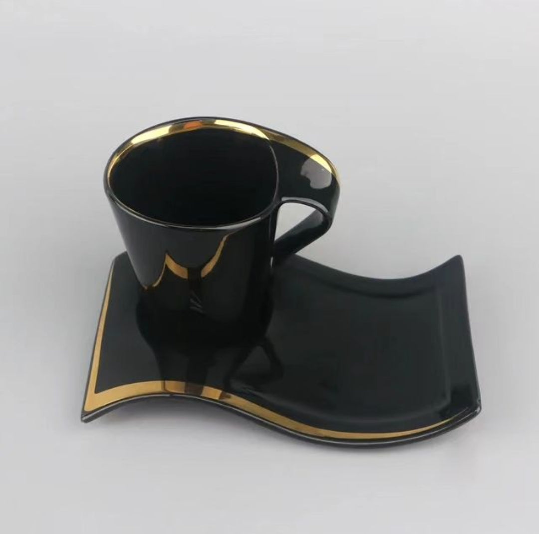 6pcs Classy cup saucer set black with gold set