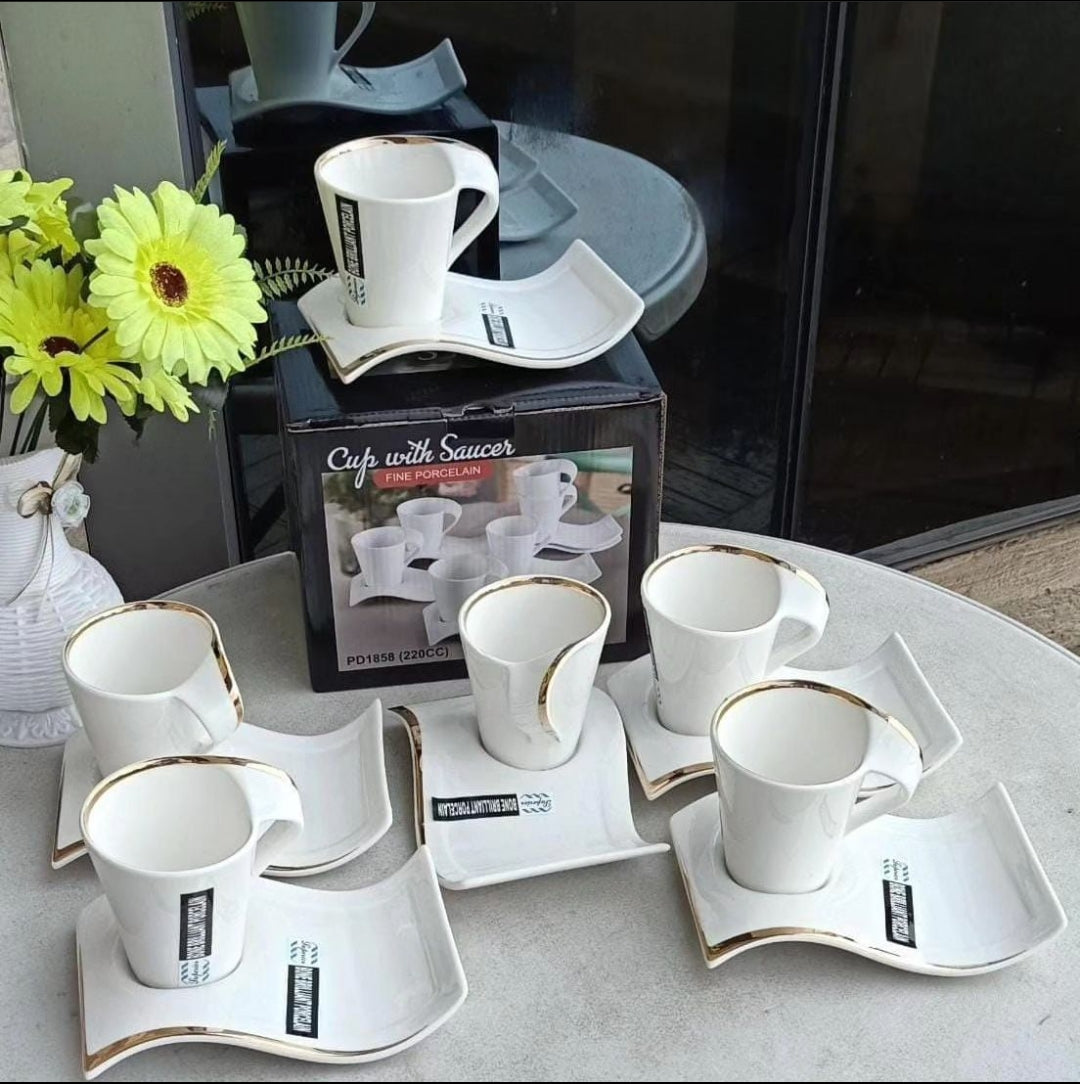 cup saucer set white with gold rim