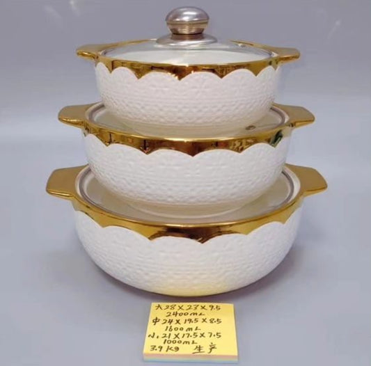 3pcs Ceramic serving bowls with gold finish
