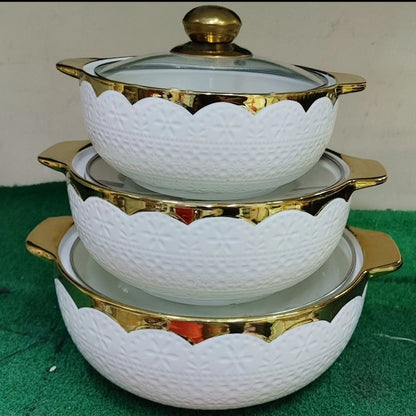 3pcs Ceramic serving bowls with gold finish