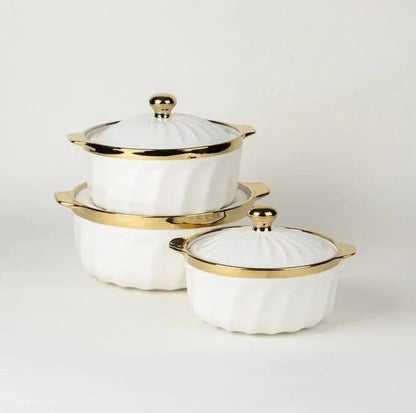 3pcs Ceramic Serving Bowls with Gold Finish