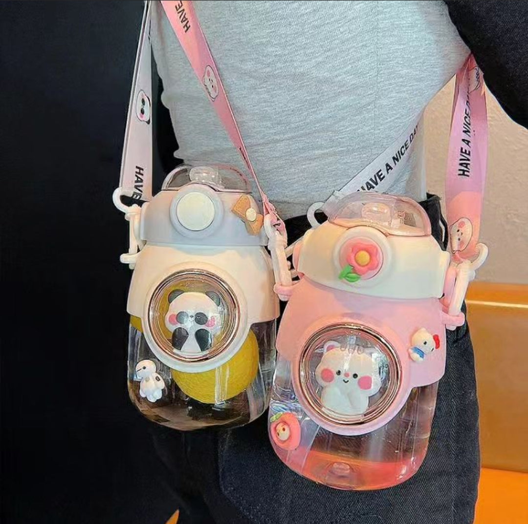 Water Bottle With 3D Stickers And Large Capacity Straw Cup