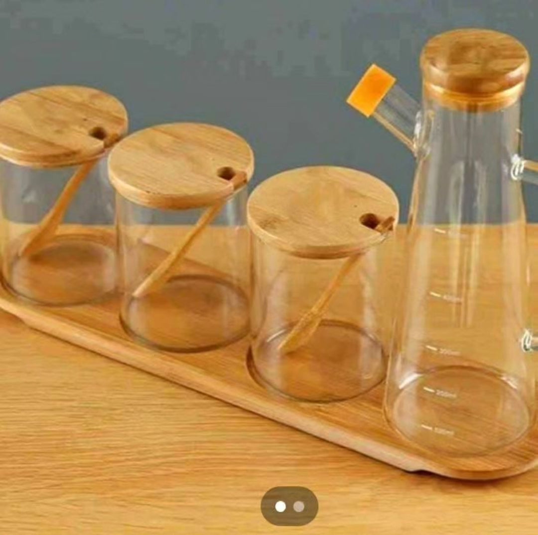 3pcs Glass Canister Set + Oil Dispenser + Wooden Tray -