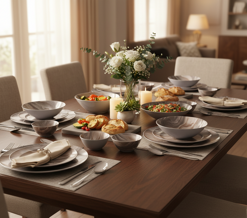 Luminarc Simply Marbreeze 25-piece dinner set with plates, bowls, and salad bo