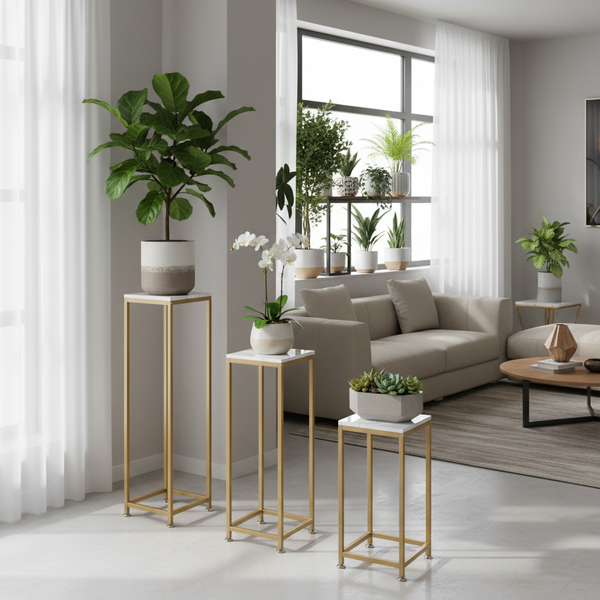 Gold Frame with White Marble Top Pedestal Stand