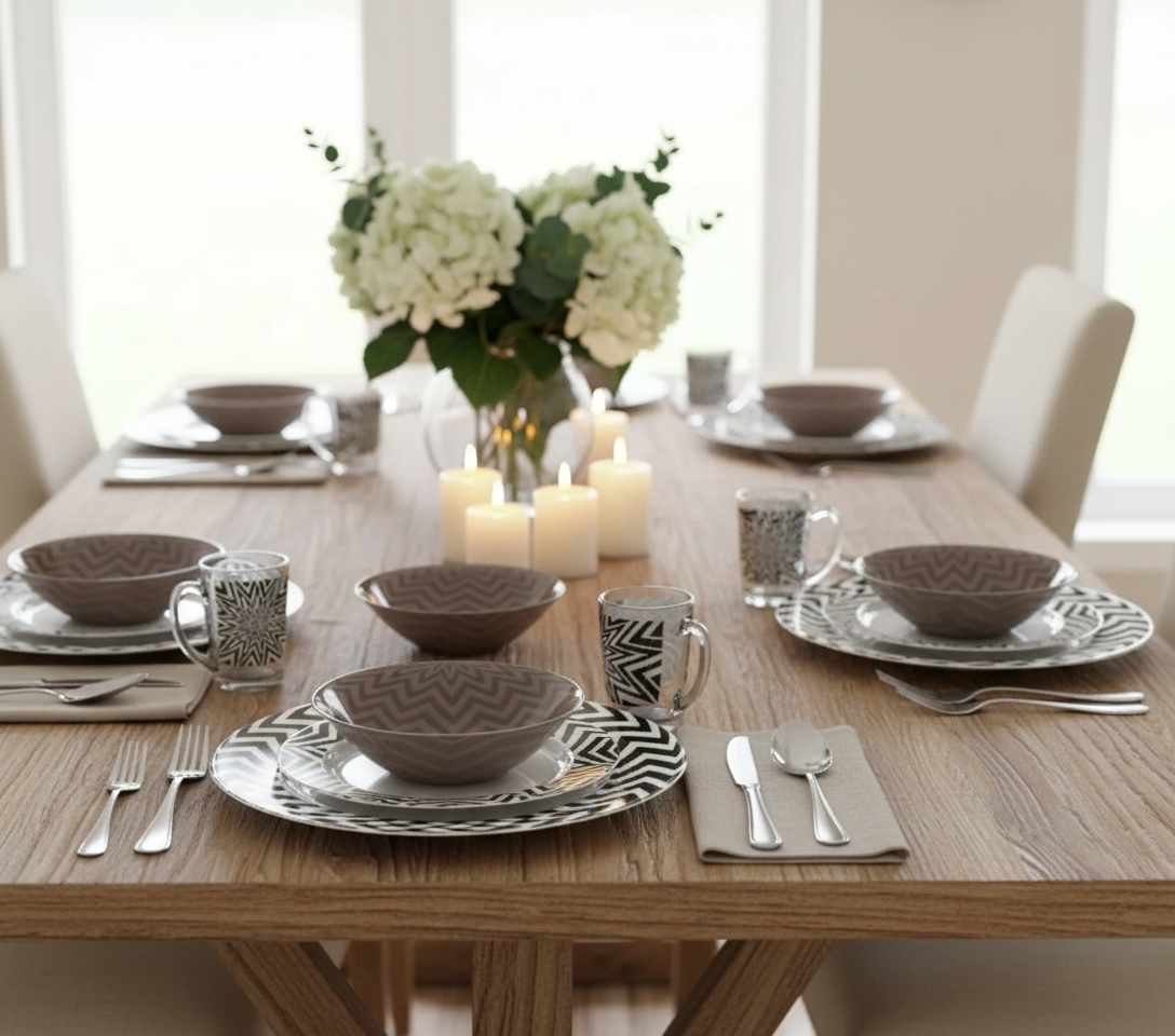 Luminarc 46-piece dinner set with plates, bowls, cups, saucers, salad bowl, oval dish, jug, and tumblers